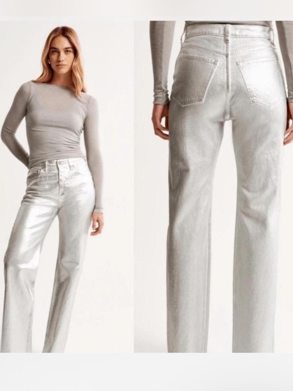 Abercrombie & Fitch Straight Leg Jeans in Metallic Silver